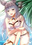  ayasato_karen bangs bikini blue_eyes blunt_bangs breasts day erune granblue_fantasy hair_ornament highres korwa large_breasts long_hair looking_at_viewer outdoors see-through silver_hair smile solo sparkle swimsuit 