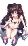  3: aningay bare_legs bikini black_bikini blush breasts brown_hair collarbone eyebrows_visible_through_hair flip-flops from_above front-tie_bikini front-tie_top girls_frontline hair_between_eyes hair_ribbon highres knees_together_feet_apart long_hair navel orange_eyes qbz-97_(girls_frontline) ribbon sandals side-tie_bikini sitting small_breasts solo swimsuit twintails very_long_hair 