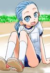  blue_buruma blue_eyes blue_hair buruma gym_uniform kanban_musume_wa_sashiosae kneehighs long_hair shinonome_isuzu sitting smile solo suzushiro_seri white_legwear 