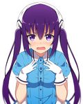  :o absurdres bangs blend_s blue_shirt blurry blush breasts buttons collared_shirt commentary_request company_connection cosplay depth_of_field eyebrows_visible_through_hair gloves gochuumon_wa_usagi_desu_ka? hair_between_eyes hands_on_own_chest head_scarf heart heart-shaped_pupils highres hinata_kaho hinata_kaho_(cosplay) long_hair looking_at_viewer manga_time_kirara medium_breasts mottsun_(i_40y) open_mouth purple_eyes purple_hair shirt short_sleeves sidelocks simple_background solo stile_uniform symbol-shaped_pupils tedeza_rize twintails upper_body v-shaped_eyebrows waitress white_background white_gloves wing_collar 