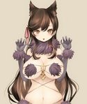 :o alternate_color animal_ears atago_(azur_lane) azur_lane bangs black_hair breasts brown_eyes chestnut_mouth claws commentary_request cosplay dangerous_beast elbow_gloves extra_ears fate/grand_order fate_(series) gloves highres large_breasts long_hair looking_at_viewer mash_kyrielight mash_kyrielight_(cosplay) naruwe navel o-ring o-ring_top solo swept_bangs upper_body wolf_ears 