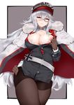 absurdres azur_lane belt black_legwear blush breasts buttons cape cleavage graf_zeppelin_(azur_lane) highres iron_cross kong_lang_(skywave) lace large_breasts long_hair looking_at_viewer monocle nipples pantyhose parted_lips red_eyes silver_hair smile solo unbuttoned uniform 