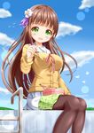  blush breasts brown_hair cloud day eating flower gochuumon_wa_usagi_desu_ka? green_eyes hair_flower hair_ornament highres large_breasts long_hair looking_at_viewer obentou open_mouth outdoors pantyhose ribbon sitting sky smile sweater ujimatsu_chiya zenon_(for_achieve) 