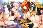  2girls armor bangs bdsm blue_eyes bondage bound breasts cum cum_in_pussy cum_on_body cum_on_lower_body gauntlets gloves helmet highres hmage large_breasts legion_(titanfall_2) mecha_musume multiple_boys multiple_girls nipples orange_eyes orange_hair penis personification pubic_hair pussy_juice scar scorch_(titanfall_2) sex short_hair_with_long_locks sidelocks spread_legs titanfall titanfall_2 white_hair 