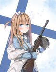  absurdres bad_hands blue_eyes blush brown_hair closed_mouth collared_shirt eyebrows_visible_through_hair finnish_flag girls_frontline gloves gun hairband highres holding holding_gun holding_weapon long_hair looking_at_viewer shirt snowflakes sobmarine solo suomi_kp31_(girls_frontline) weapon white_gloves 