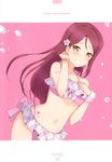 6u_(eternal_land) absurdres bangs bare_shoulders bikini blush bracelet breasts character_name collarbone earrings grin halterneck hand_on_own_chest heart highres jewelry long_hair looking_at_viewer love_live! love_live!_sunshine!! medium_breasts nail_polish navel parted_lips pink pink_background red_hair sakurauchi_riko scan simple_background small_breasts smile solo splashing swimsuit tattoo yellow_eyes 