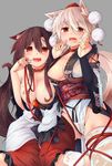  animal_ears areolae bdsm bondage bound breasts brooch brown_hair choker cleavage collar floral_print hat hira_(nanika_no_heya) imaizumi_kagerou inubashiri_momiji jewelry kourindou_tengu_costume large_breasts leash long_hair looking_at_viewer multiple_girls obi open_mouth pom_pom_(clothes) red_collar red_eyes sash see-through short_hair silver_hair sweat tail tokin_hat touhou wet wet_clothes white_hair wolf_ears wolf_tail 