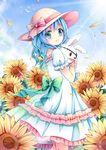  blue_eyes blue_hair bow date_a_live day dress eyebrows_visible_through_hair flower from_side green_bow gyaza hair_between_eyes hat hat_ribbon lens_flare long_hair outdoors pink_ribbon ribbon short_sleeves solo standing straw_hat sun_hat sundress sunflower sunlight white_dress yellow_flower yoshino_(date_a_live) yoshinon 
