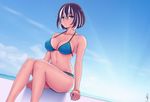  arms_at_sides bangle bangs bare_arms bare_shoulders bikini black_hair blue_bikini blue_sky blush bracelet breasts cloud collarbone covered_nipples day dutch_angle hair_between_eyes halterneck hanekawa_tsubasa highres horizon j_adsen jewelry looking_at_viewer medium_breasts monogatari_(series) multicolored_hair navel nekomonogatari_white parted_lips purple_eyes short_hair signature sitting sky solo stomach streaked_hair swimsuit thighs white_hair 