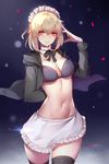  apron arm_behind_back artoria_pendragon_(all) artoria_pendragon_(swimsuit_rider_alter) ban_bu_bu_duou bikini bikini_top bikini_under_clothes black_bikini_top black_jacket black_legwear black_ribbon blonde_hair breasts cleavage closed_mouth cowboy_shot fate/grand_order fate_(series) frilled_apron frills gradient gradient_background hand_up highres hood hood_down hooded_jacket hoodie jacket long_sleeves looking_at_viewer maid_headdress medium_breasts navel neck_ribbon open_clothes open_hoodie petals purple_background ribbon short_hair smile solo standing stomach swimsuit thighhighs thighs waist_apron white_apron yellow_eyes zettai_ryouiki 