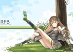  absurdres black_gloves blush bow breasts brown_hair character_name closed_mouth collarbone dog_tags eyebrows_visible_through_hair fingerless_gloves girls_frontline gloves green_bow green_legwear hair_bow highres looking_at_viewer medium_breasts panties rfb_(girls_frontline) sitting smile sobmarine solo striped striped_legwear underwear white_panties 