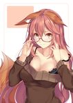  animal_ears bangs black_bra bra breasts brown_sweater collarbone commentary_request eyebrows_visible_through_hair fate/extra fate_(series) fox_ears fox_girl fox_tail glasses hair_between_eyes hair_down hands_up highres karakura lace lace-trimmed_bra large_breasts long_hair looking_at_viewer off-shoulder_sweater off_shoulder parted_lips pink_hair red-framed_eyewear semi-rimless_eyewear sidelocks smile solo strap_slip sweater tail tamamo_(fate)_(all) tamamo_no_mae_(fate) under-rim_eyewear underwear upper_body yellow_eyes 