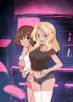  akiyama_yukari aomushi_(mushamusha) arm_around_neck bangs black_shirt blonde_hair blue_eyes blue_shorts brown_eyes brown_hair camisole casual closed_mouth collarbone cowboy_shot denim denim_shorts eyebrows_visible_through_hair female_pervert girls_und_panzer hair_intakes hand_in_thighhighs hand_on_another's_thigh highres kay_(girls_und_panzer) long_hair looking_at_viewer messy_hair microskirt midriff multiple_girls navel open_mouth pervert pink_skirt shirt short_hair short_shorts short_sleeves shorts skirt smile standing t-shirt thighhighs white_shirt yuri 