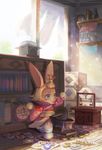  bangs_pinned_back barefoot blanket blue_eyes boiling book bookshelf bottle bowl box bunny cabinet cloth commentary_request curtains day fantasy fish floral_print flower food grill highres indoors lace-trimmed_sleeves lantern looking_to_the_side medicine mochi mortar noren nut_(food) on_floor outstretched_arm pestle pharmacy pixiv_fantasia pixiv_fantasia_t plank pot powder rope rug sash scroll shelf shichirin shinoda_yuu short_hair sitting smile solo stove sunlight urn wagashi wall weighing_scale window wooden_floor yagen_(tool) 