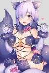  :o animal_ears aozora_nan bare_shoulders blush bow breasts claw_pose cleavage dangerous_beast detached_collar elbow_gloves eyebrows_visible_through_hair eyes_visible_through_hair fang fate/grand_order fate_(series) fur-trimmed_gloves fur-trimmed_legwear fur_collar fur_trim gloves grey_background hair_over_one_eye hands_up heart highres large_breasts looking_at_viewer mash_kyrielight navel open_mouth pink_bow pink_eyes pink_hair purple_gloves purple_legwear revealing_clothes shiny shiny_hair shiny_skin short_hair simple_background sitting solo stomach tail thighhighs wolf_ears wolf_tail 