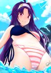  1girl absurdres ahoge bikini blush bra breasts cameltoe coconut_tree highres looking_at_viewer medium_breasts ocean outdoors palm_tree panties purple_hair red_eyes signature smile solo striped striped_panties swimsuit sword_art_online tree underwear yuuki_(sao) 