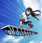  arms_behind_back black_hair blue_sky boots cloud commentary_request day dragon_ball dragon_ball_(classic) glasses green_eyes kantai_collection long_hair motion_lines ooyodo_(kantai_collection) parody pleated_skirt shirt skirt sky sky_surfing solo surfing tao_pai_pai thighhighs watanore 