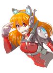  armor bangs blonde_hair breasts fingerless_gloves gloves headset hmage knife lira_(hmage) long_hair looking_at_viewer red_eyes salute shoulder_armor skin_tight small_breasts smile titanfall 