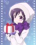  bangs blue_background blush box breasts closed_mouth coat commentary_request eyebrows_visible_through_hair gift gift_box gloves gochuumon_wa_usagi_desu_ka? holding holding_gift long_hair looking_at_viewer low_twintails mittens purple_eyes purple_gloves purple_hair purple_neckwear red_star_(toranecomet) scarf sidelocks small_breasts smile snowflake_background snowflakes solo tedeza_rize twintails upper_body white_coat white_hood 