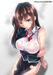  black_hair blush breasts brown_hair chikuma_(kantai_collection) commentary_request kantai_collection large_breasts long_hair looking_at_viewer no_bra pelvic_curtain remodel_(kantai_collection) saboten_teishoku see-through torn_clothes wet wet_clothes 