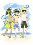  3boys beach full_body gladio_(pokemon) hau_(pokemon) multiple_boys outdoors pokemon pokemon_(game) pokemon_sm standing swimsuit tagme you_(pokemon_sm) 