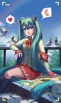  armband artist_name blue_eyes blue_hair blue_nails blush breasts can closed_mouth dated digital_media_player eighth_note eyebrows feizao_jun hatsune_miku heart highres holding holding_can ipod large_breasts long_hair musical_note nail_polish red_skirt sitting skirt sleeves_past_wrists smile solo speech_bubble spoken_heart spoken_musical_note tongue tongue_out twintails vocaloid 