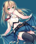  :o ascot bangs bare_shoulders belt belt_buckle black_belt black_legwear blazblue blazblue:_chronophantasma blonde_hair blue_background blue_skirt blush breasts buckle collared_shirt crop_top dutch_angle eyebrows eyebrows_visible_through_hair eyes_visible_through_hair gloves green_eyes hair_between_eyes hair_ornament highres himegi_you long_hair lowleg lowleg_skirt midriff navel noel_vermillion open_mouth pleated_skirt red_neckwear shirt skirt sleeveless sleeveless_shirt small_breasts solo stomach straight_hair thighhighs tsurime white_gloves white_shirt zettai_ryouiki 