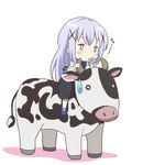  animal bangs black_skirt blue_footwear blue_neckwear blue_vest blush_stickers bow bowtie chibi commentary_request cow drinking_straw eyebrows_visible_through_hair full_body gochuumon_wa_usagi_desu_ka? hair_ornament hairclip jitome kafuu_chino light_blue_hair long_hair long_sleeves looking_at_viewer rabbit_house_uniform red_star_(toranecomet) riding shadow shirt sidelocks skirt solid_circle_eyes sweatdrop vest white_background white_legwear white_shirt x_hair_ornament 