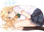  1girl ayase_eli black_legwear blonde_hair blush bow bowtie breast_hold breasts covered_nipples fetal_position green_neckwear hair_down kneehighs long_hair love_live! love_live!_school_idol_project medium_breasts mogu_(au1127) no_shoes pleated_skirt school_uniform seiza shirt short_sleeves simple_background sitting skirt solo spoken_ellipsis striped striped_neckwear sweatdrop tears wavy_mouth white_background white_shirt 