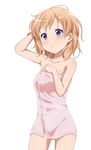  arm_up ass_visible_through_thighs bangs blush breasts closed_mouth collarbone commentary_request cowboy_shot eyebrows_visible_through_hair gochuumon_wa_usagi_desu_ka? hand_in_hair hand_on_own_chest highres hoto_cocoa looking_at_viewer medium_breasts naked_towel orange_hair pink_towel purple_eyes red_star_(toranecomet) short_hair simple_background smile solo standing towel wet wet_hair white_background 