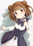  bangs beatrice_(princess_principal) black_dress black_neckwear blunt_bangs blush bow bowtie breasts brown_eyes brown_hair closed_mouth collar_tug commentary_request double_bun dress eyebrows_visible_through_hair frilled_skirt frills head_tilt layered_skirt long_sleeves looking_at_viewer okosan_(pixiv) princess_principal school_uniform shirt short_hair skirt small_breasts solo white_shirt white_skirt 