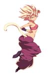  ass ass_cutout bare_shoulders beltbra blonde_hair breasts caulifla clenched_hand closed_mouth dragon_ball dragon_ball_super from_behind full_body green_eyes highres jumping long_hair looking_at_viewer looking_back medium_breasts monkey_tail pants puffy_pants purple_pants simple_background smile solo spiked_hair strapless super_saiyan tail tail_through_clothes tasaka_shinnosuke tubetop white_background wristband 