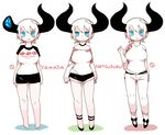  bare_shoulders barefoot blonde_hair blue_eyes breasts broken_horn commentary_request high_heels horns large_breasts mato_tsuyoi original short_hair short_shorts shorts simple_background smile solo swimsuit thighs translation_request waving wavy_mouth white_background white_hair yamada-chan_(mato_tsuyoi) 