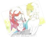  1girl blonde_hair blue_eyes blush commentary fins fish_girl hair_ornament jewelry link long_hair looking_at_viewer mipha monster_girl multicolored multicolored_skin no_eyebrows ponytail red_hair red_skin sakurai_muto the_legend_of_zelda the_legend_of_zelda:_breath_of_the_wild yellow_eyes zora 