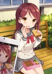  :o bench blurry blush bow bowtie brown_eyes bush cellphone depth_of_field double-breasted eating food food_on_face grey_skirt hair_ornament hairclip half_updo hand_on_own_cheek long_hair long_sleeves love_live! love_live!_sunshine!! miniskirt nagisa3710 obentou phone pleated_skirt red_hair red_neckwear sakurauchi_riko sandwich school_uniform serafuku sitting skirt smartphone solo uranohoshi_school_uniform viewfinder 