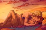  beach bikini blonde_hair cheek_kiss dead_or_alive dead_or_alive_5 mila_(doa) red_hair sunset tina_armstrong yuri 