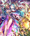  blue_hair bracelet breasts cleavage dress floating_hair holding holding_staff irua jewelry long_hair looking_at_viewer medium_breasts outstretched_arm parted_lips pink_eyes purple_dress see-through shingeki_no_bahamut smile solo staff standing very_long_hair 