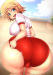  1girl ass blonde_hair blush breasts buruma cameltoe curvy from_behind green_eyes gym_clothes gym_uniform hair_ornament hairclip hanabi_(senran_kagura) huge_ass huge_breasts looking_at_viewer looking_back open_mouth panties pantyshot ponpo senran_kagura senran_kagura_(series) shiny shiny_clothes shiny_hair shiny_skin short_hair sideboob smile solo striped striped_panties sweat thick_thighs wide_hips 