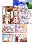  alpaca_suri_(kemono_friends) animal_ears antlers blonde_hair blush breasts brown_hair closed_eyes closed_mouth comic cup drinking eurasian_eagle_owl_(kemono_friends) facing_another grey_hair holding holding_cup kemono_friends large_breasts lion_(kemono_friends) lion_ears moose_(kemono_friends) moose_ears multicolored_hair multiple_girls northern_white-faced_owl_(kemono_friends) open_mouth parted_lips red_eyes red_neckwear red_skirt shin_mai sitting skirt smile speech_bubble teacup translation_request two-tone_hair white_hair 