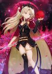  black_dress black_legwear blonde_hair breasts cape commentary_request dangmill dress ereshkigal_(fate/grand_order) fate/grand_order fate_(series) feet_out_of_frame hair_ribbon kneehighs long_hair red_cape red_eyes red_ribbon ribbon short_dress single_kneehigh small_breasts solo tiara twintails 