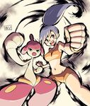  1girl battle_girl_(pokemon) beige_background bike_shorts black_eyes blue_eyes blue_hair blush clenched_hand crop_top eyebrows_visible_through_hair foreshortening gloves hands_up legs_apart looking_to_the_side matching_hair/eyes medicham midriff navel open_mouth orange_shirt pokemon pokemon_(creature) pokemon_(game) pokemon_oras ponytail shirt simple_background sleeveless smile sports_bra standing teeth text tied_hair translation_request two-tone_background watson white_gloves 