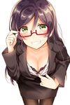  &gt;:) adjusting_eyewear bespectacled black_legwear black_skirt blush bra breasts cleavage cleavage_reach collar_tug collarbone formal glasses green_eyes grin hair_between_eyes hair_down lace lace-trimmed_bra large_breasts leaning_forward long_hair long_sleeves looking_at_viewer love_live! love_live!_school_idol_project mogu_(au1127) office_lady pantyhose pencil_skirt purple_hair simple_background skirt skirt_suit smile solo suit toujou_nozomi underwear v-shaped_eyebrows white_background 
