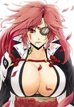  artist_name backlighting baiken breasts cleavage eyepatch guilty_gear guilty_gear_xrd hair_down highres huge_breasts jacket_on_shoulders japanese_clothes kimono long_hair looking_at_viewer mouth_hold obi one-eyed petals red_eyes red_hair sash scar scar_across_eye solo stalk_in_mouth upper_body vermillion_dice 