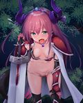  armor bikini_armor black_legwear blue_eyes breasts chipa_(arutana) elizabeth_bathory_(brave)_(fate) elizabeth_bathory_(fate)_(all) fang fate/extra fate/extra_ccc fate/grand_order fate_(series) green_eyes hanging_breasts holding holding_sword holding_weapon long_hair looking_at_viewer nipples open_mouth outdoors over-kneehighs oversized_clothes pauldrons pink_hair pointy_ears purple_hair silver_trim small_breasts solo standing sword thighhighs tsurime weapon 