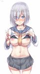  bikini bikini_lift bikini_top bikini_under_clothes black_bikini_top blue_eyes blush breasts closed_mouth collarbone cowboy_shot eyebrows_visible_through_hair eyes_visible_through_hair frown grey_skirt hair_ornament hair_over_one_eye hairclip hamakaze_(kantai_collection) kantai_collection large_breasts lifted_by_self looking_at_viewer miniskirt navel neckerchief nipple_slip nipples nose_blush pleated_skirt shirt shirt_lift short_hair short_sleeves silver_bell silver_hair simple_background skirt solo standing stomach swimsuit v white_background white_shirt yellow_neckwear 