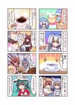  alpaca_suri_(kemono_friends) animal_ears antlers blonde_hair blue_eyes blue_hair blush brown_eyes brown_hair censoring_text comic cup drinking eurasian_eagle_owl_(kemono_friends) eyebrows_visible_through_hair grey_hair hat helmet kaban_(kemono_friends) kemono_friends lion_(kemono_friends) long_hair looking_at_another looking_away milk_carton moose_(kemono_friends) moose_ears multicolored_hair multiple_girls northern_white-faced_owl_(kemono_friends) open_mouth parted_lips pith_helmet plate shin_mai short_hair speech_bubble teacup teapot translation_request tray two-tone_hair white_hair 