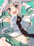  akitsushima_(kantai_collection) armpits arms_up breasts commentary_request grey_hair kantai_collection large_breasts long_hair miniskirt navel open_mouth pleated_skirt purple_eyes side_ponytail skirt solo twitter_username youmou_usagi 