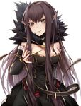  bare_shoulders black_cola black_dress breasts brown_hair cleavage commentary_request detached_collar detached_sleeves dress eyebrows_visible_through_hair fate/apocrypha fate_(series) fingernails frilled_sleeves frills fur_collar hair_between_eyes hair_intakes highres long_hair looking_at_viewer medium_breasts pointy_ears semiramis_(fate) smile spikes standing strapless very_long_hair white_background yellow_eyes 