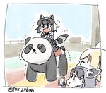  :d animal_ears black_hair blonde_hair bow bowtie cellphone commentary common_raccoon_(kemono_friends) fennec_(kemono_friends) fennecoon_(kemono_friends)_(panzuban) fox_ears grey_hair if_they_mated kemono_friends mother_and_daughter multicolored_hair multiple_girls open_mouth panda panzuban phone raccoon_ears raccoon_tail riding_machine short_hair short_sleeves smartphone smile tail taking_picture trembling twitter_username v-shaped_eyebrows yuri 