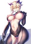  areola_slip areolae artoria_pendragon_(all) artoria_pendragon_(lancer_alter) blonde_hair blush breasts cleavage covered_nipples cowboy_shot embarrassed fate/grand_order fate_(series) hand_on_own_chest highleg highleg_leotard huge_breasts leotard looking_at_viewer navel nipples no_bra solo stomach yellow_eyes zha_yu_bu_dong_hua 